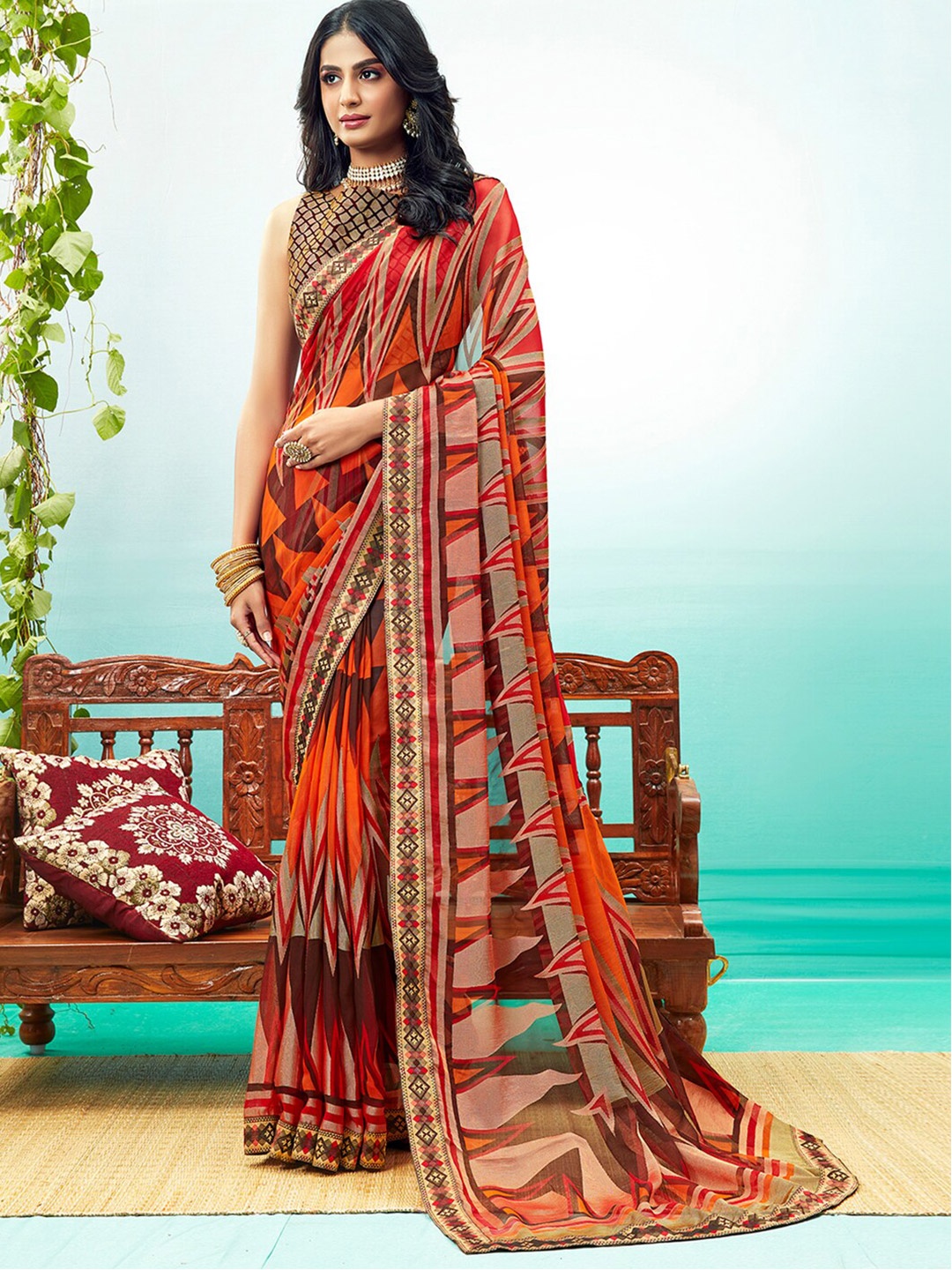 

Shaily Red & Beige Floral Gotta Patti Brasso Saree