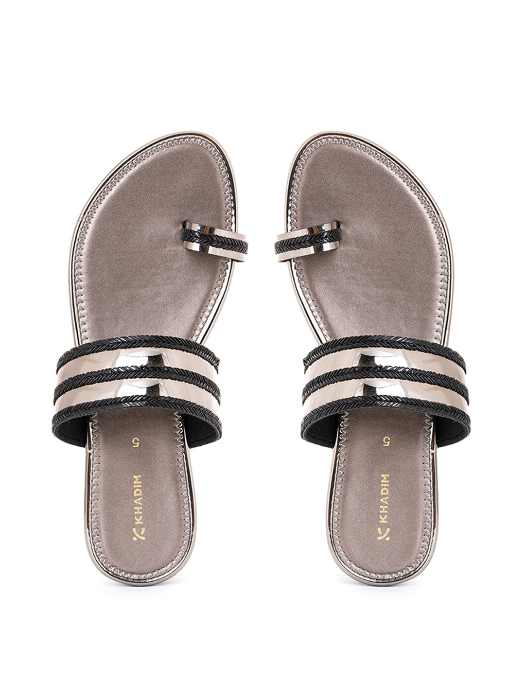 

Khadims Women Black Striped Leather Ethnic Flats