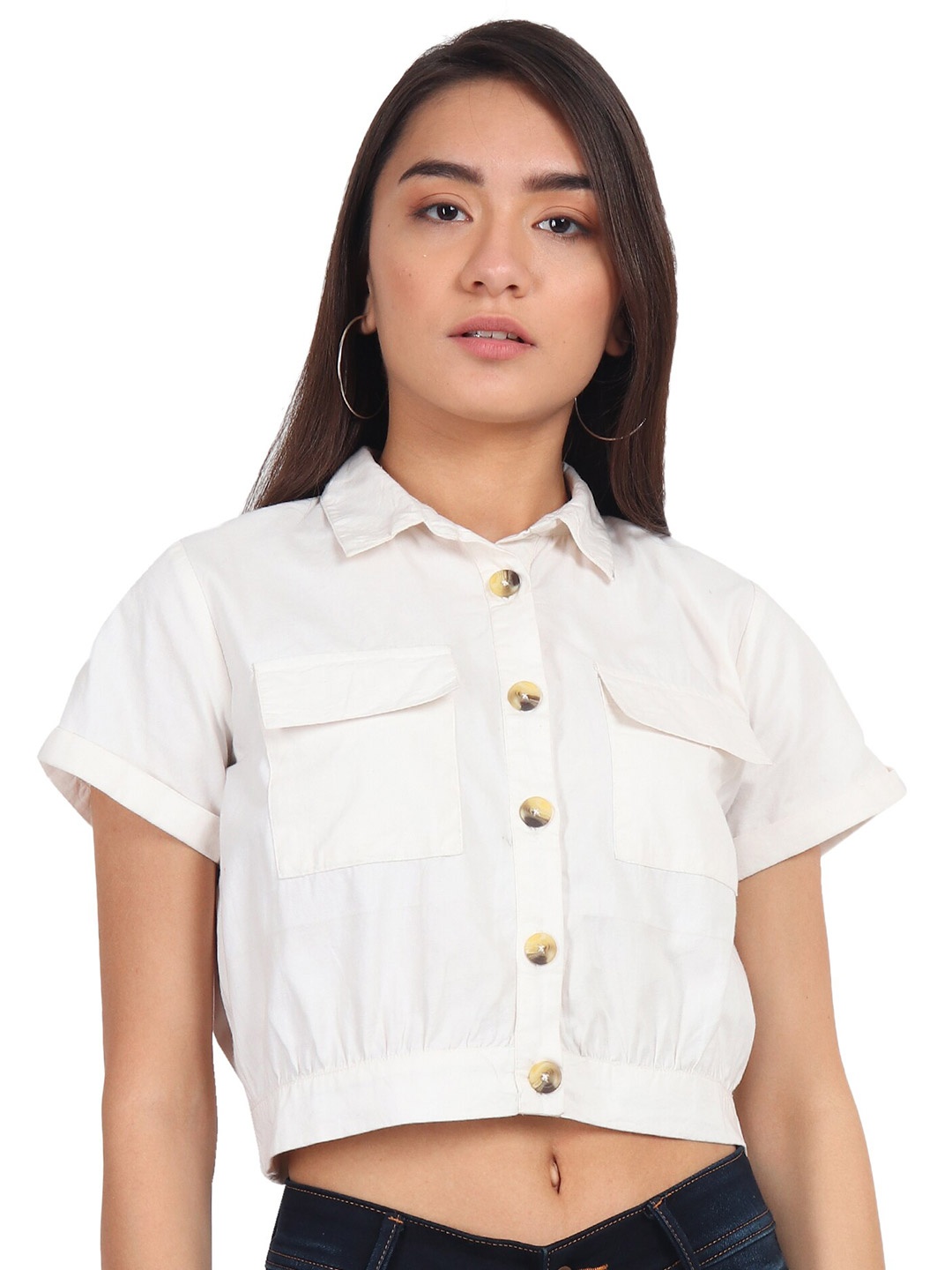 

D 'VESH Women White Standard Regular Fit Solid Crop Casual Shirt