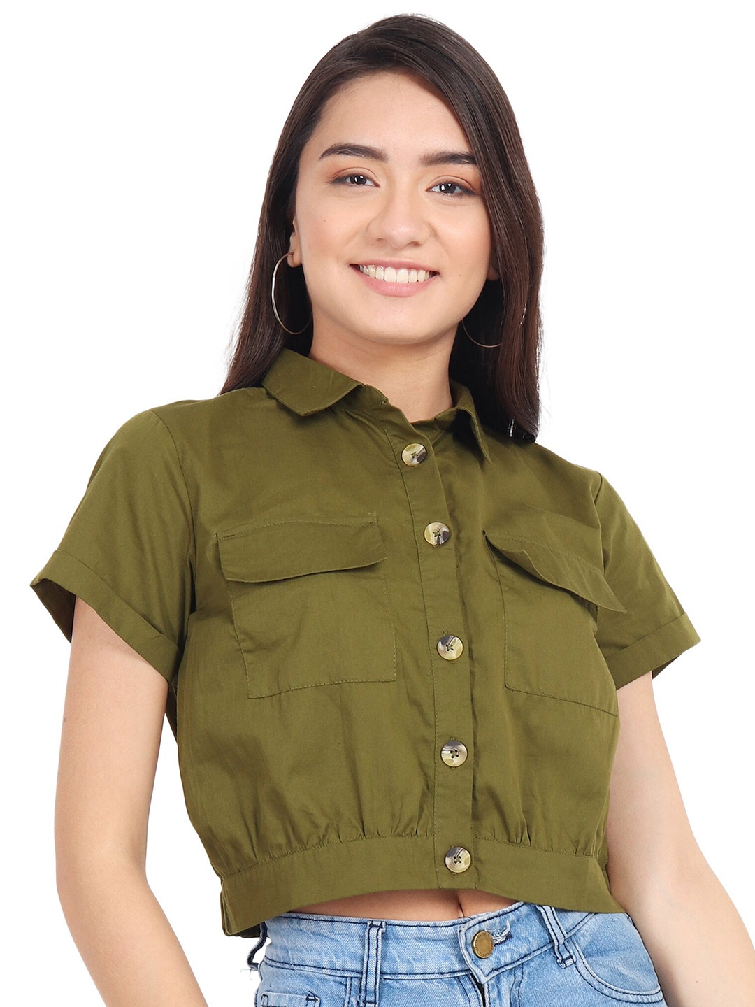 

D 'VESH Women Green Standard Regular Fit Solid Crop Casual Shirt