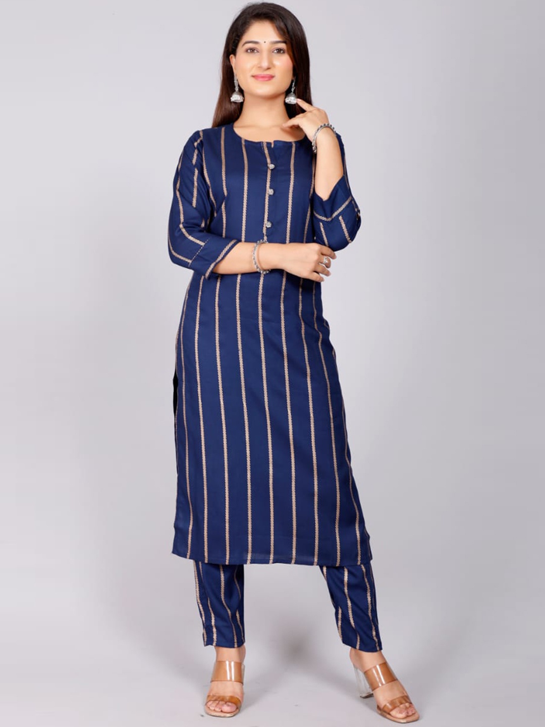 

MIRAVAN Women Navy Blue Striped Kurta with Trousers