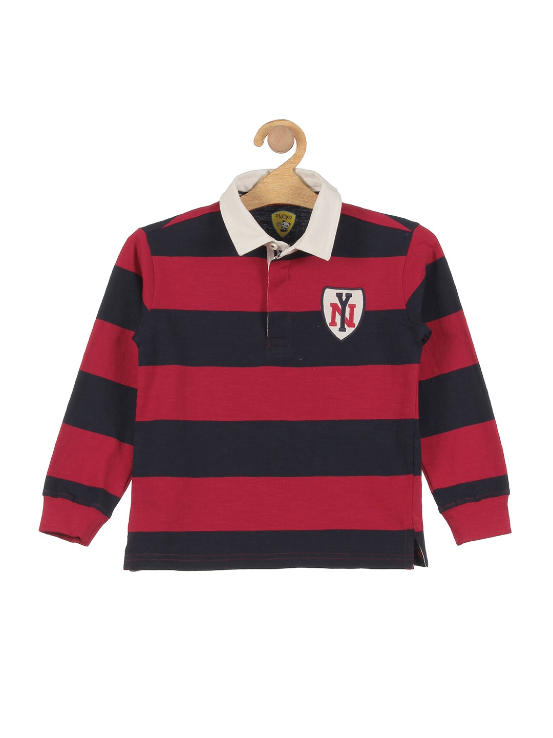 

Lil Lollipop Boys Red & Navy Blue Striped Polo Collar T-shirt