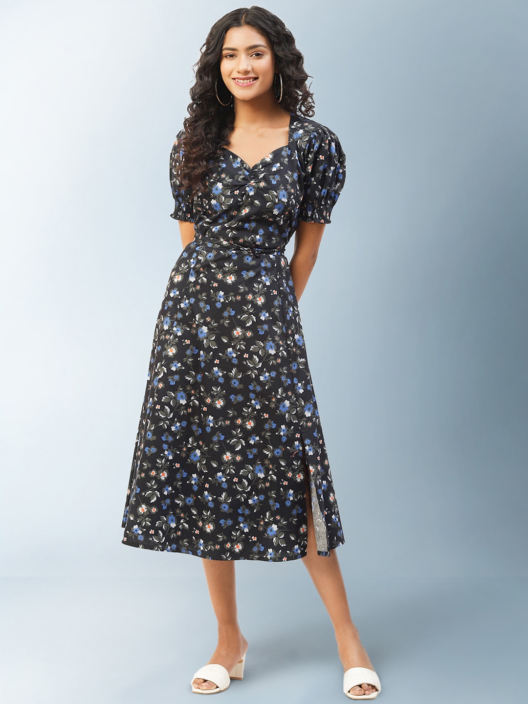 

LILL women's Black & Blue Floral Midi Dress