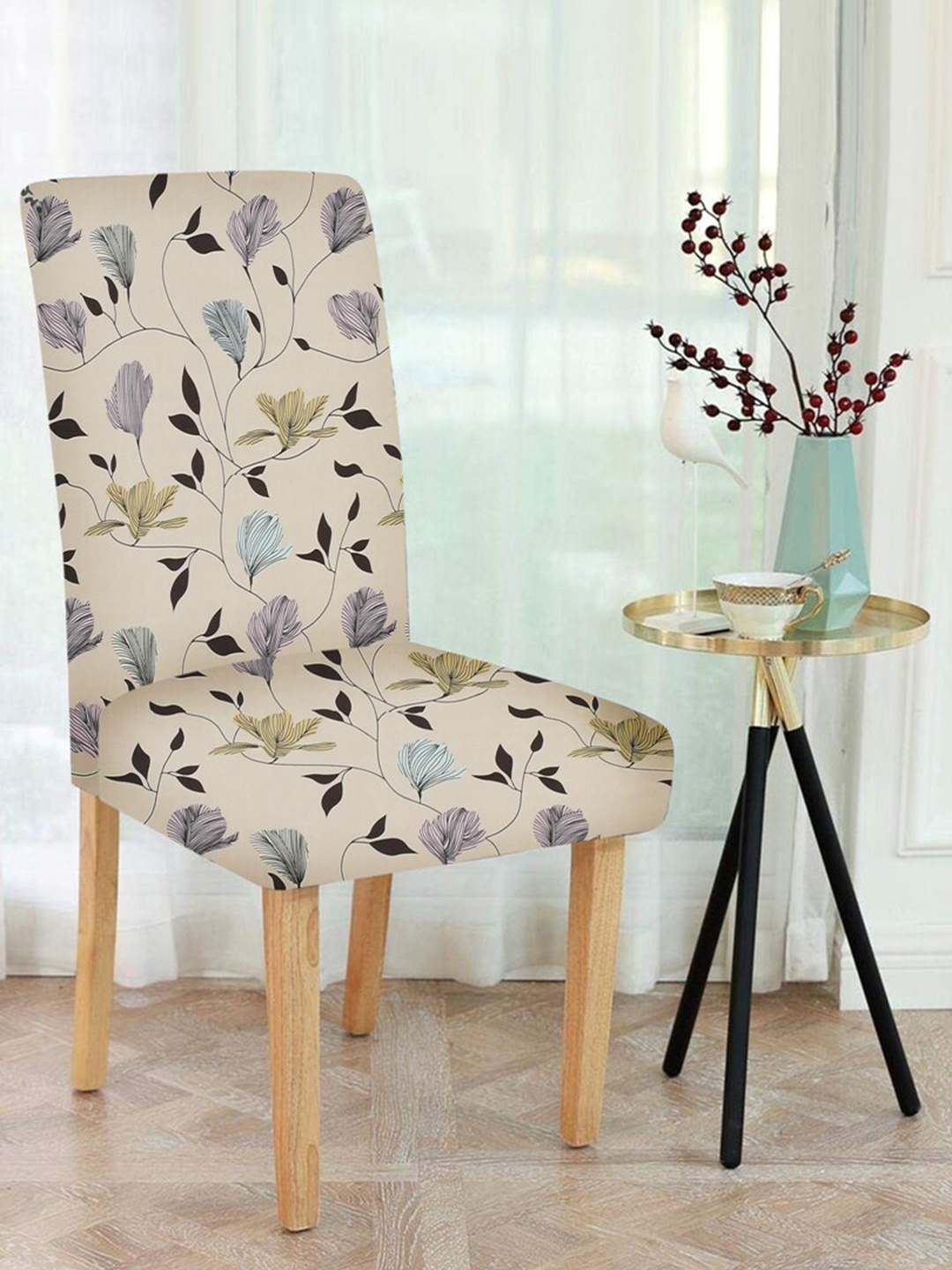 

MULTITEX Set of 4 Beige & Black Printed Chair Covers