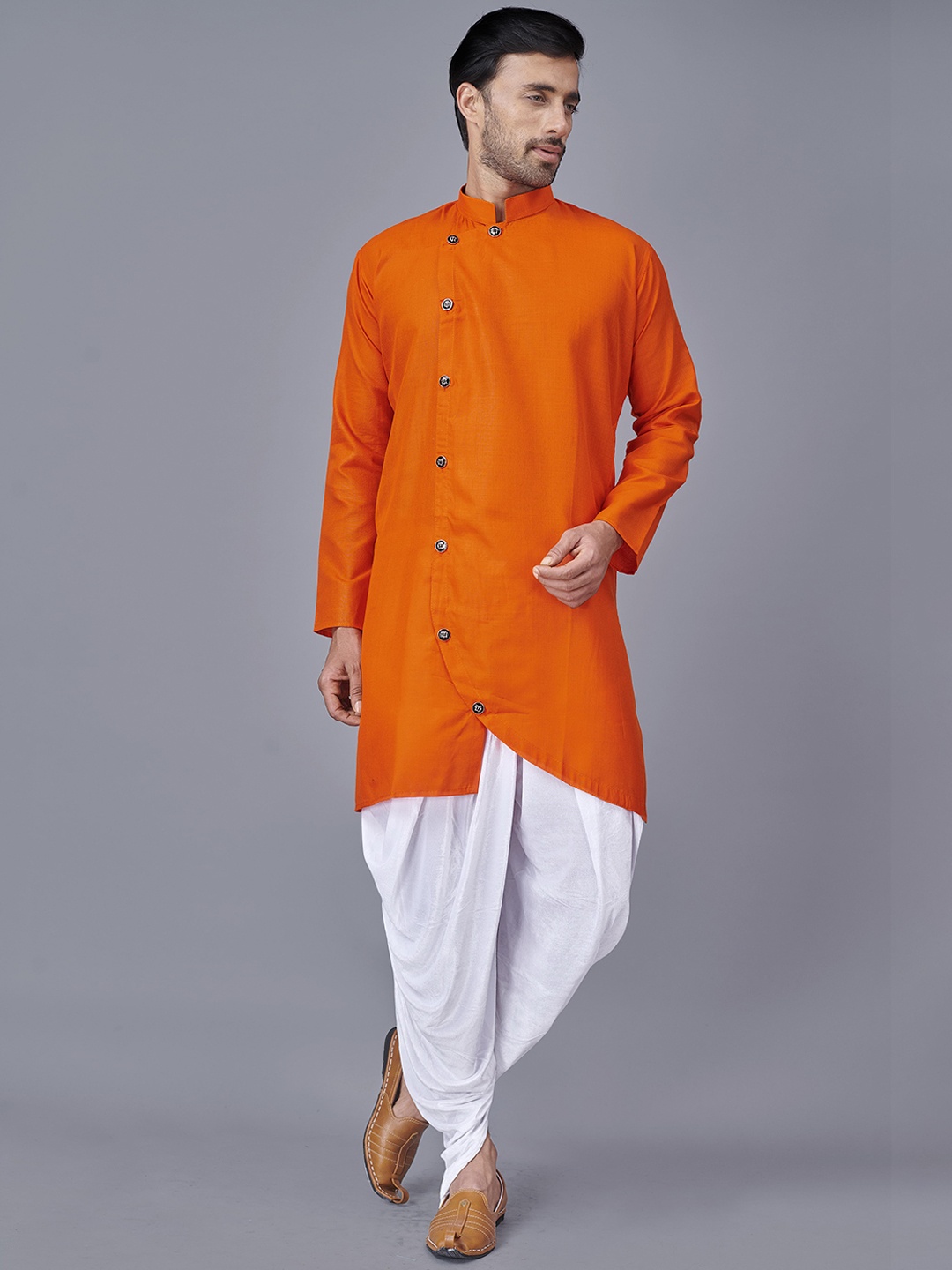

Fashion FRICKS Men Orange Angrakha Kurta with Dhoti Pants