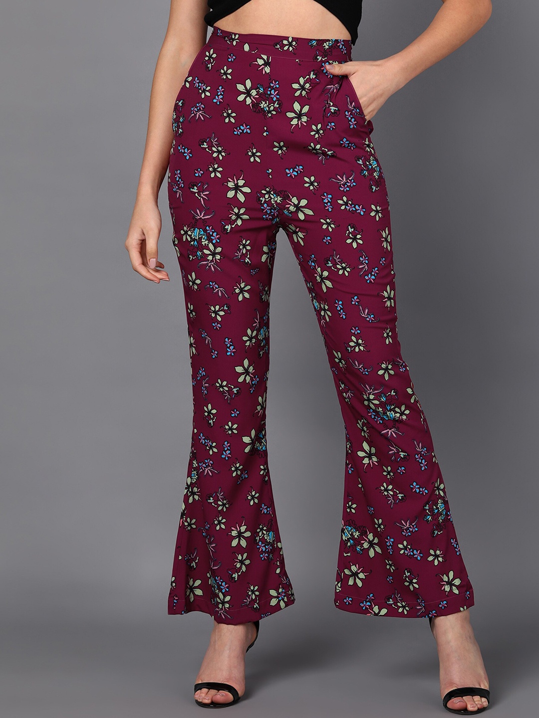 

Fashfun Women Pink Floral Printed High-Rise Trousers