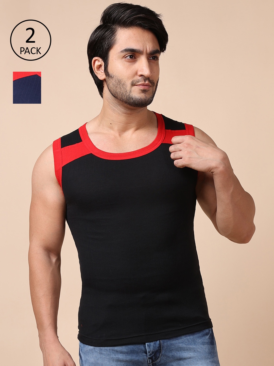 Dollar Bigboss Men Solid Pack of 2 Combed Cotton Racerback Styled Gym Vest, Black
