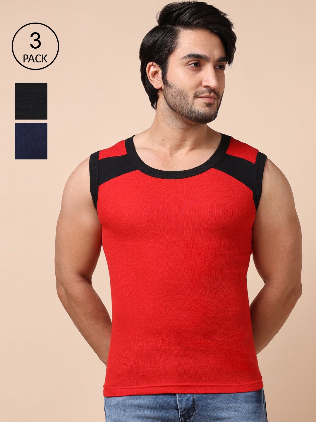 

Dollar Bigboss Men Pack Of 3 Assorted Racerback Styled Gym Vests, Red