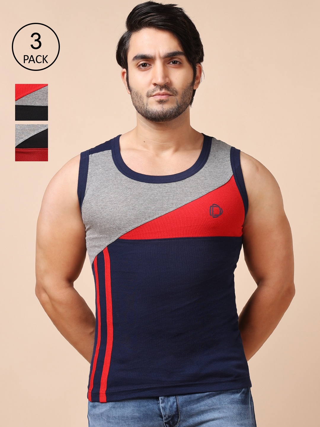 

Dollar Bigboss Men Solid Pack of 3 Combed Cotton Racerback Styled Gym Vest MBB-23-P3-C1, Assorted