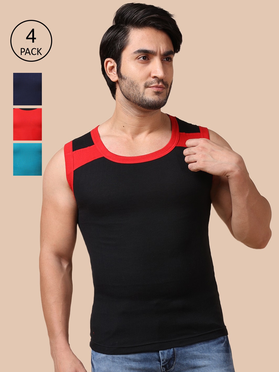 

Dollar Bigboss Men Pack Of 4 Assorted Combed Cotton Racerback Styled Gym Vests MBB-05-PO4