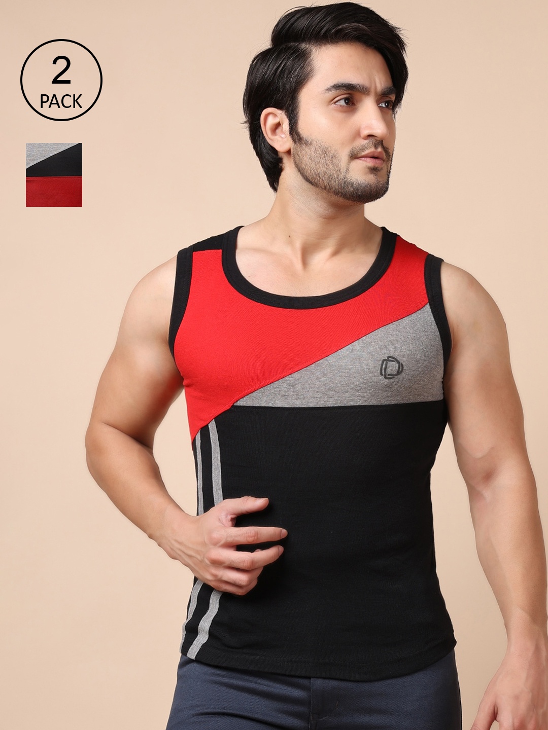 

Dollar Bigboss Pack Of 2 Men Colourblocked Pure Cotton Innerwear Vests, Black