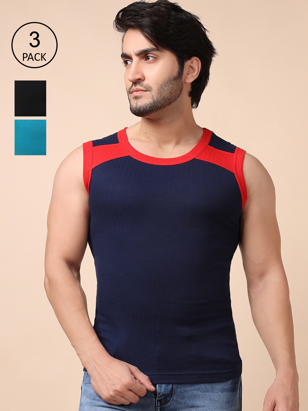 

Dollar Bigboss Men Solid Pack of 3 Combed Cotton Racerback Styled Gym Vest, Assorted