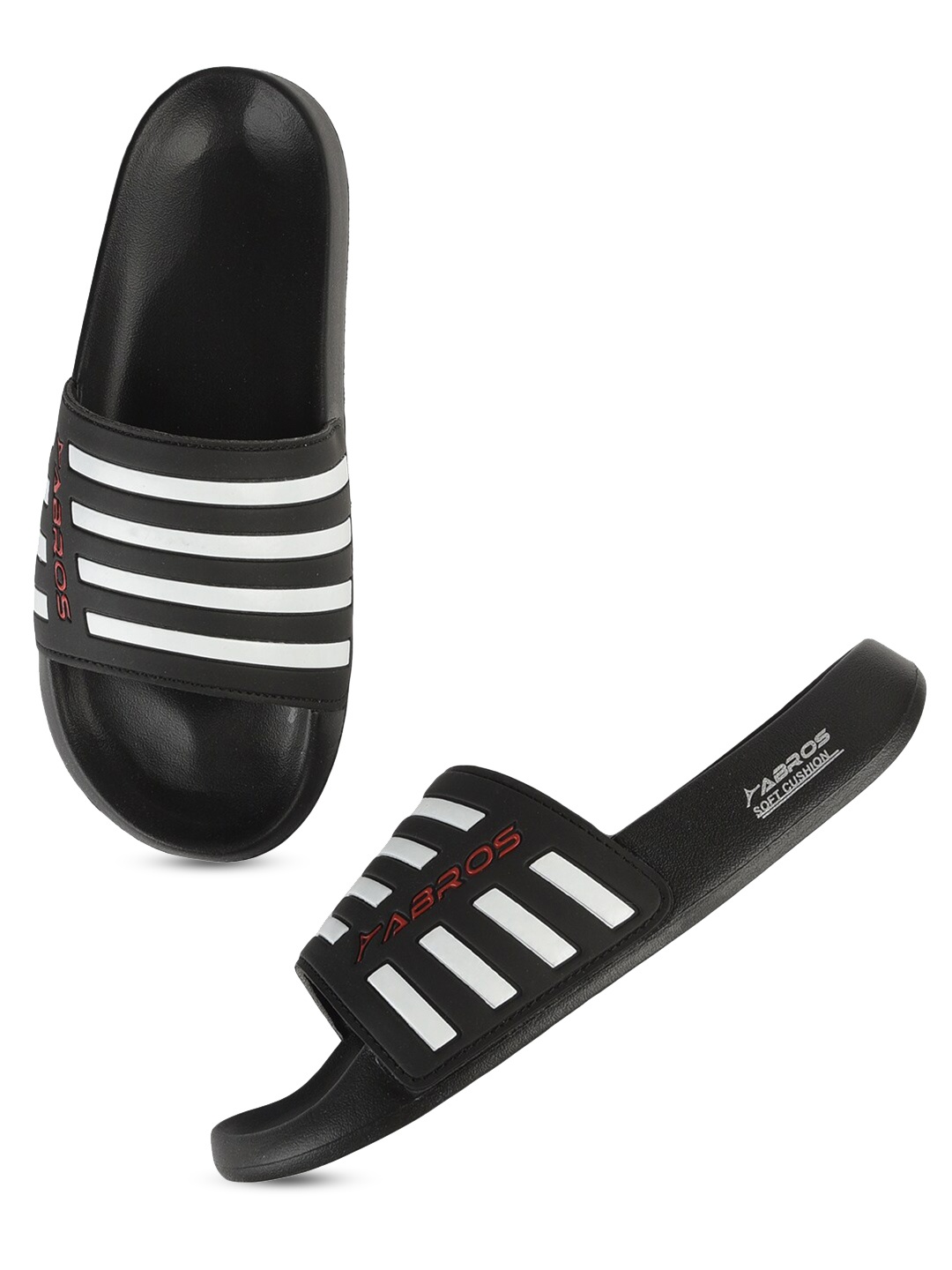 

ABROS Men Black & White Striped Rubber Sliders