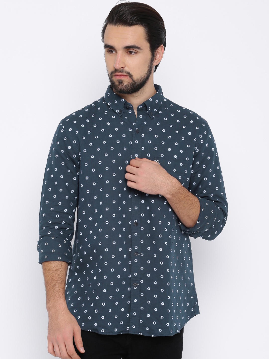 

U.S. Polo Assn. Men Navy Blue Tailored Fit Printed Casual Shirt