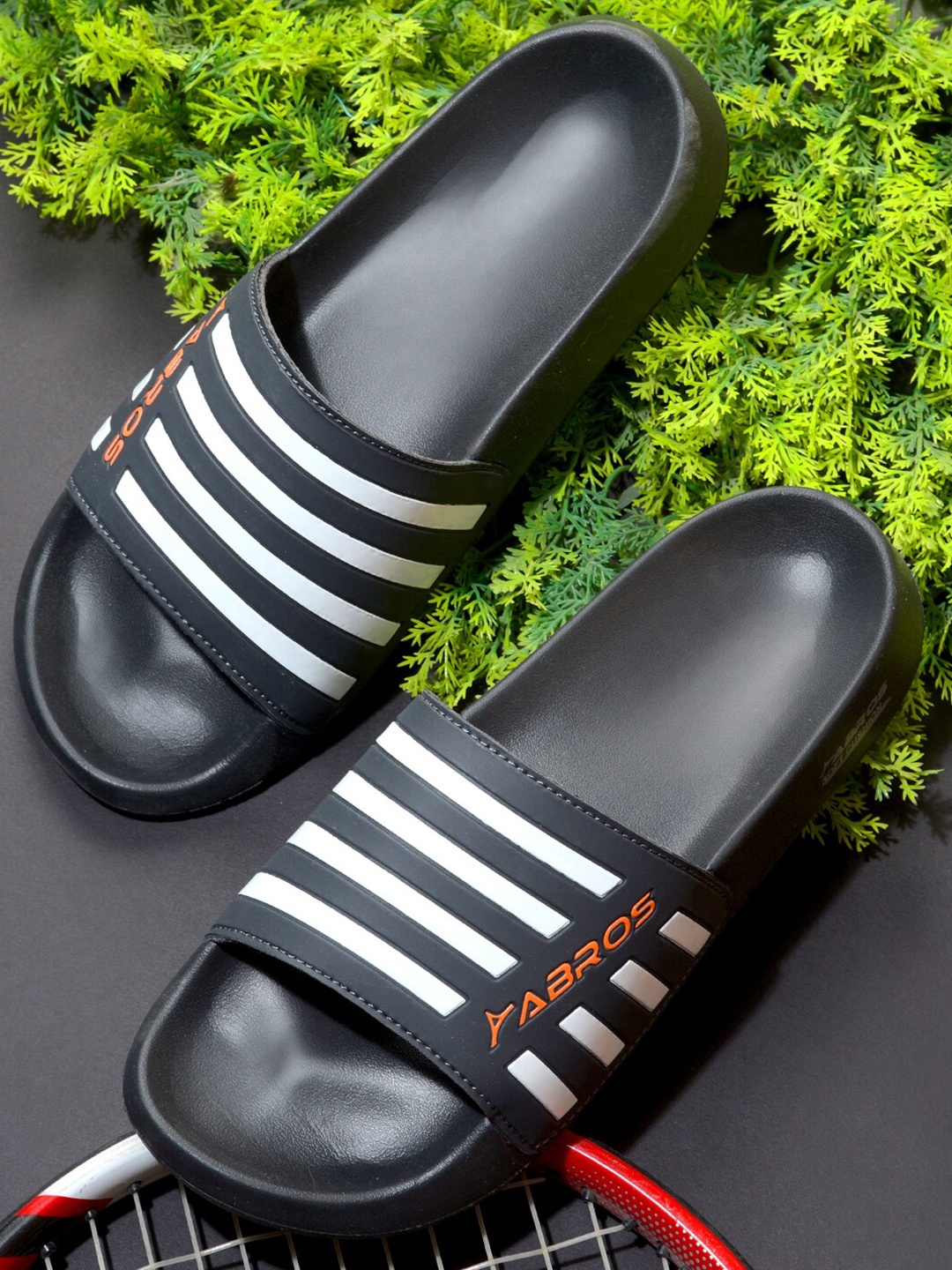 

ABROS Men Grey & White Striped Rubber Sliders