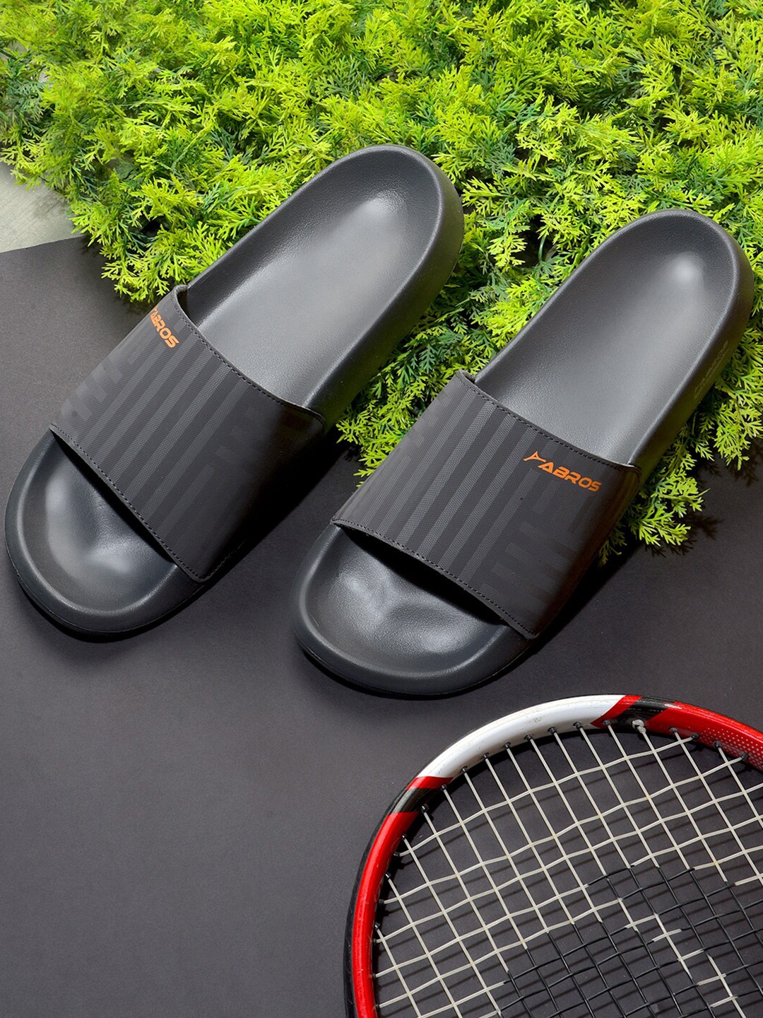 

ABROS Men Grey & Orange Striped Rubber Sliders