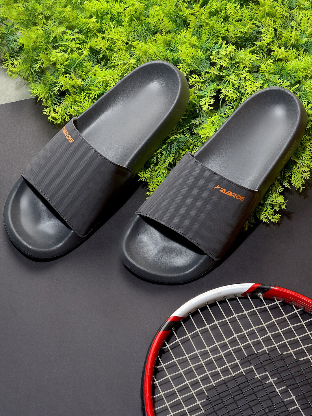 

ABROS Men Grey & Orange Striped Rubber Sliders