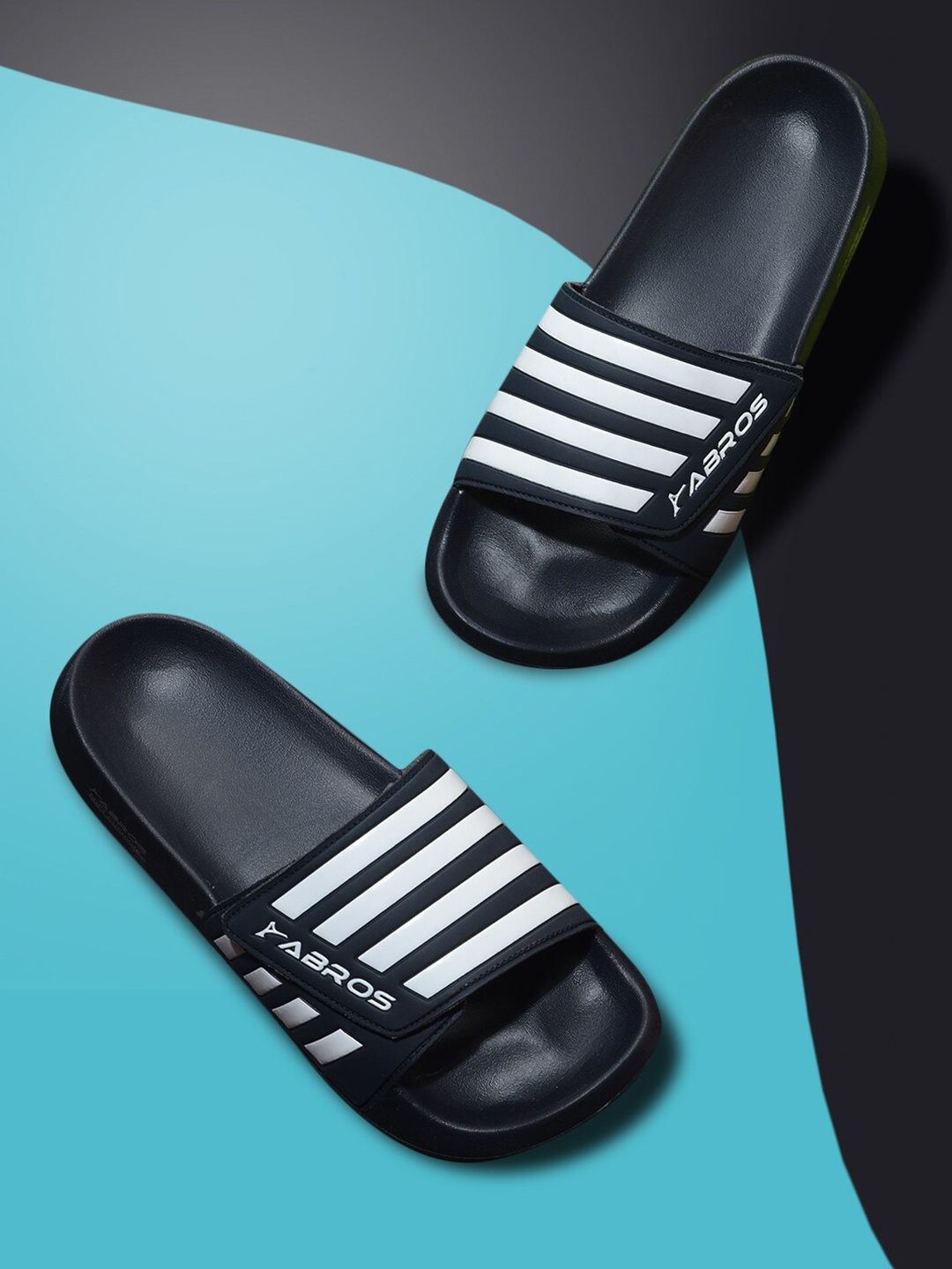 

ABROS Men Navy Blue & White Striped Rubber Sliders