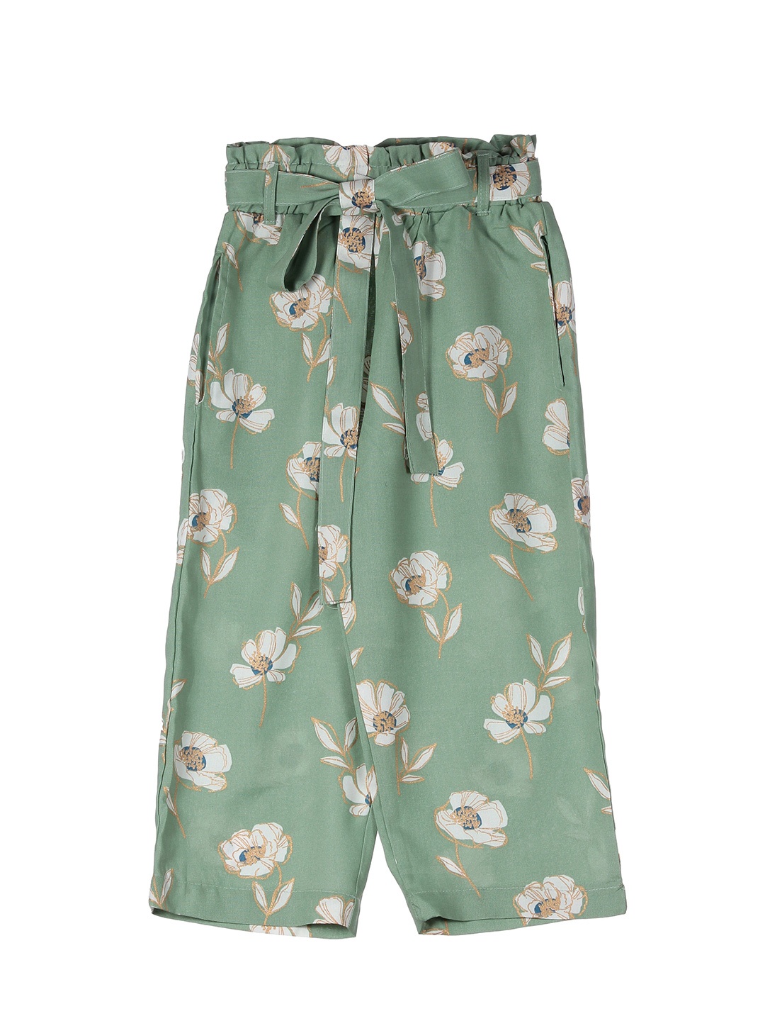 

Lil Lollipop Girls Green & White Floral Printed Knitted Palazzos