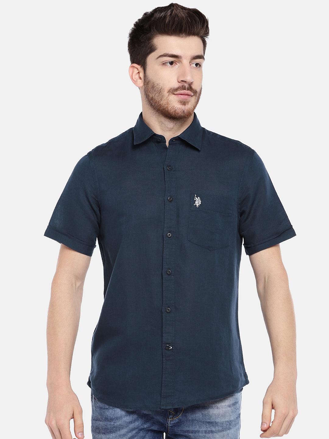 

U.S. Polo Assn. Men Navy Blue Tailored Fit Solid Casual Shirt