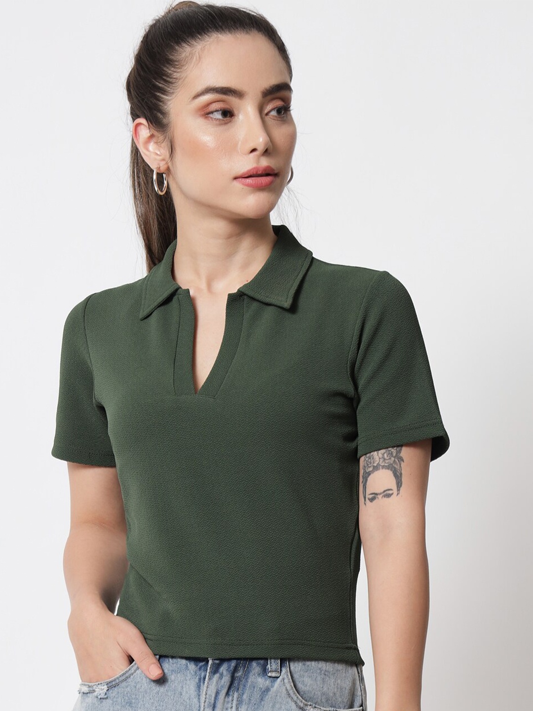

Orchid Blues Olive Green Shirt Style Crop Top