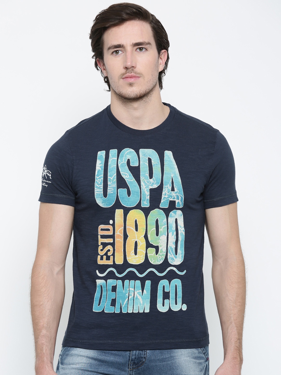 

U.S. Polo Assn. Men Navy Blue Printed Round Neck Pure Cotton T-shirt