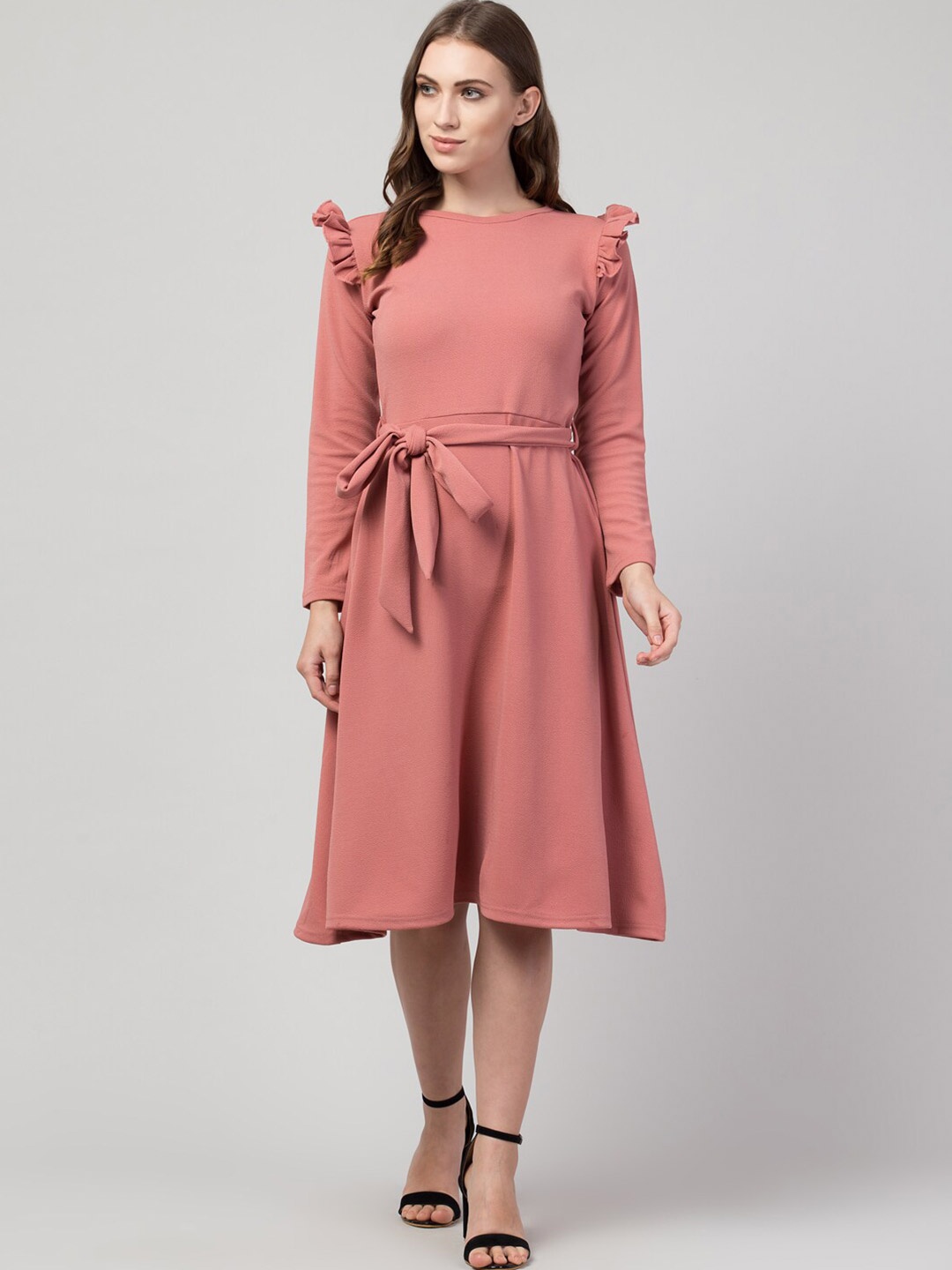 

IUGA Women Pink Solid Fit & Flare Midi Dress