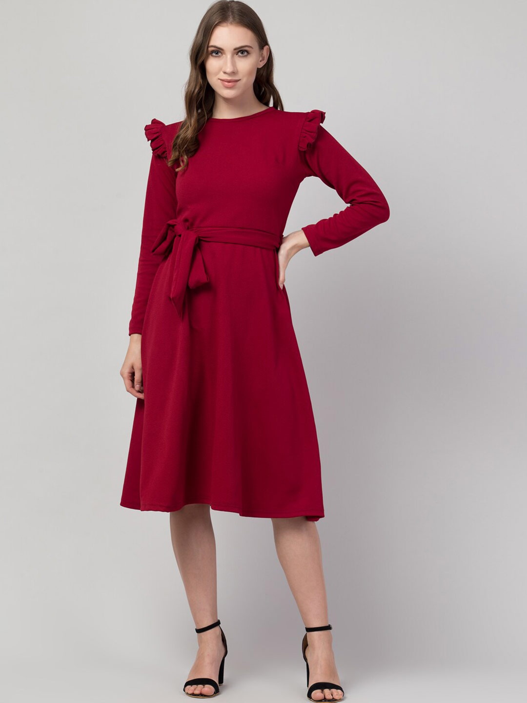 

IUGA Women Maroon Fit & Flare Midi Dress