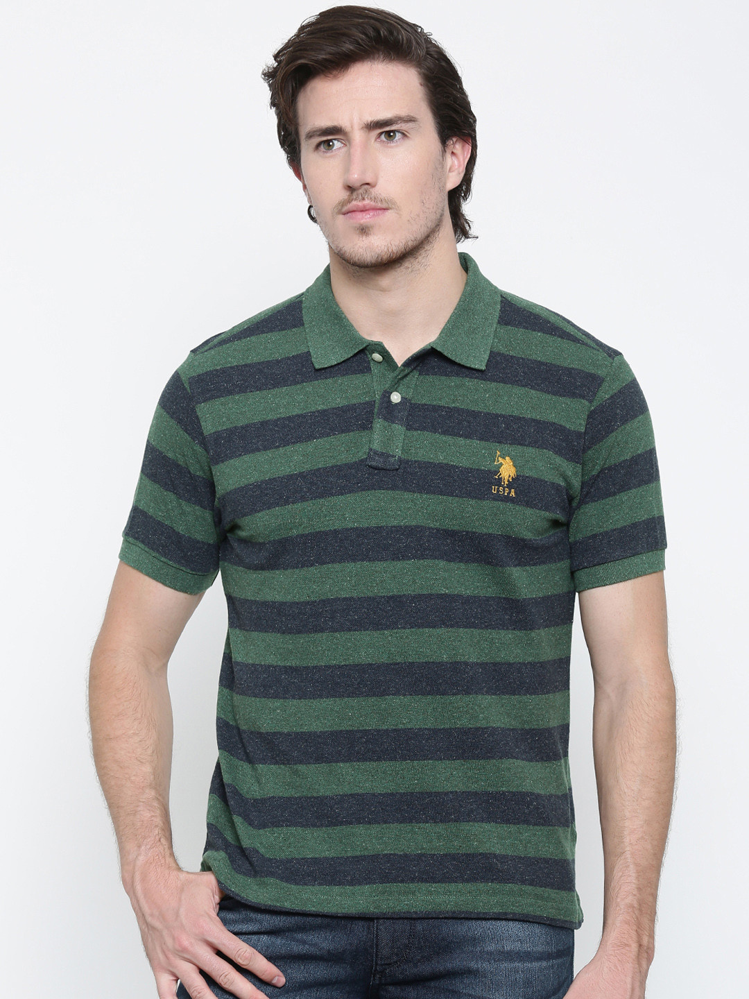 

U.S. Polo Assn. Men Olive Green & Navy Striped Polo Collar T-shirt