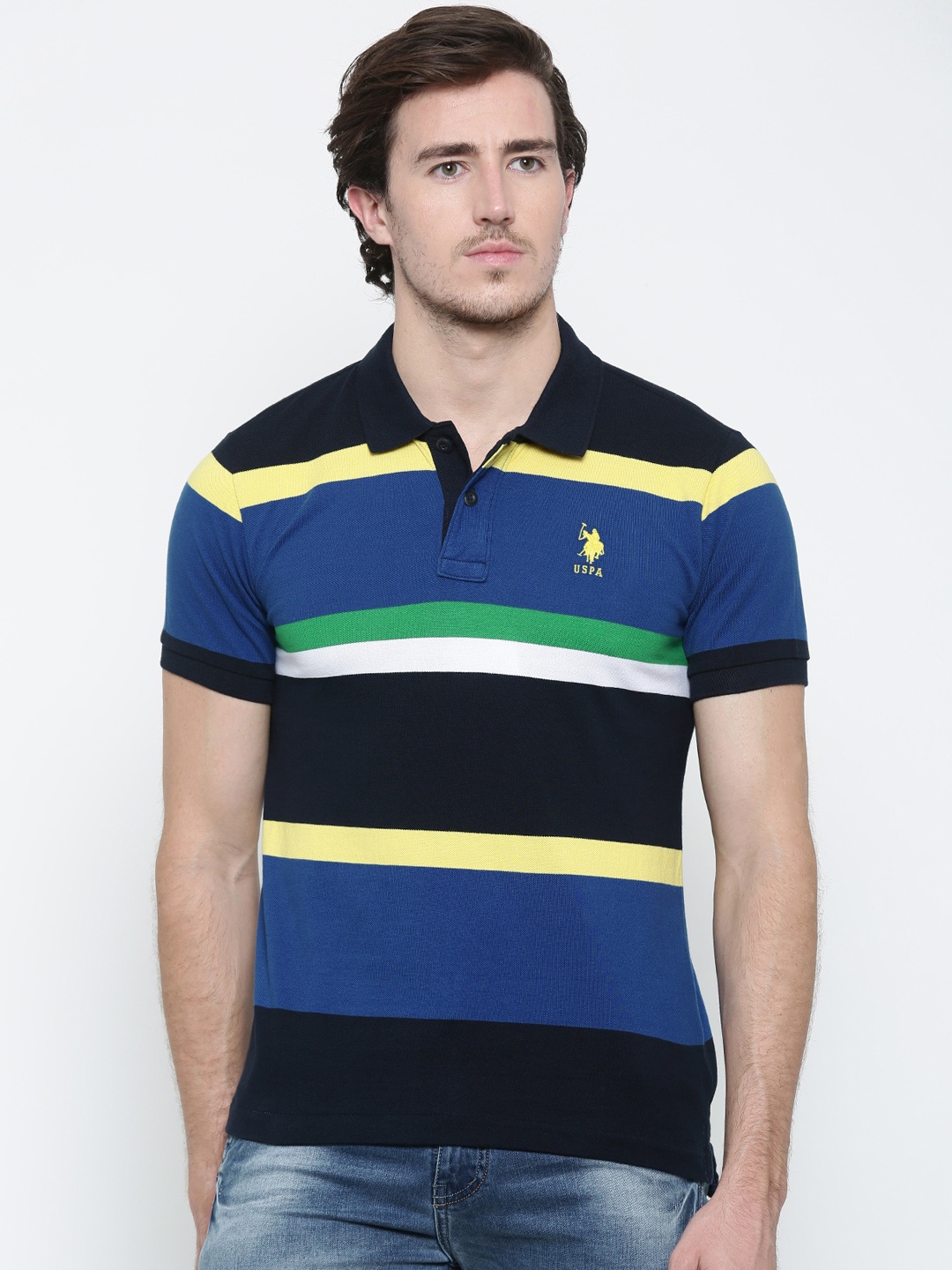 

U.S. Polo Assn. Men Navy Blue Yellow Striped Polo Collar Pure Cotton T-shirt