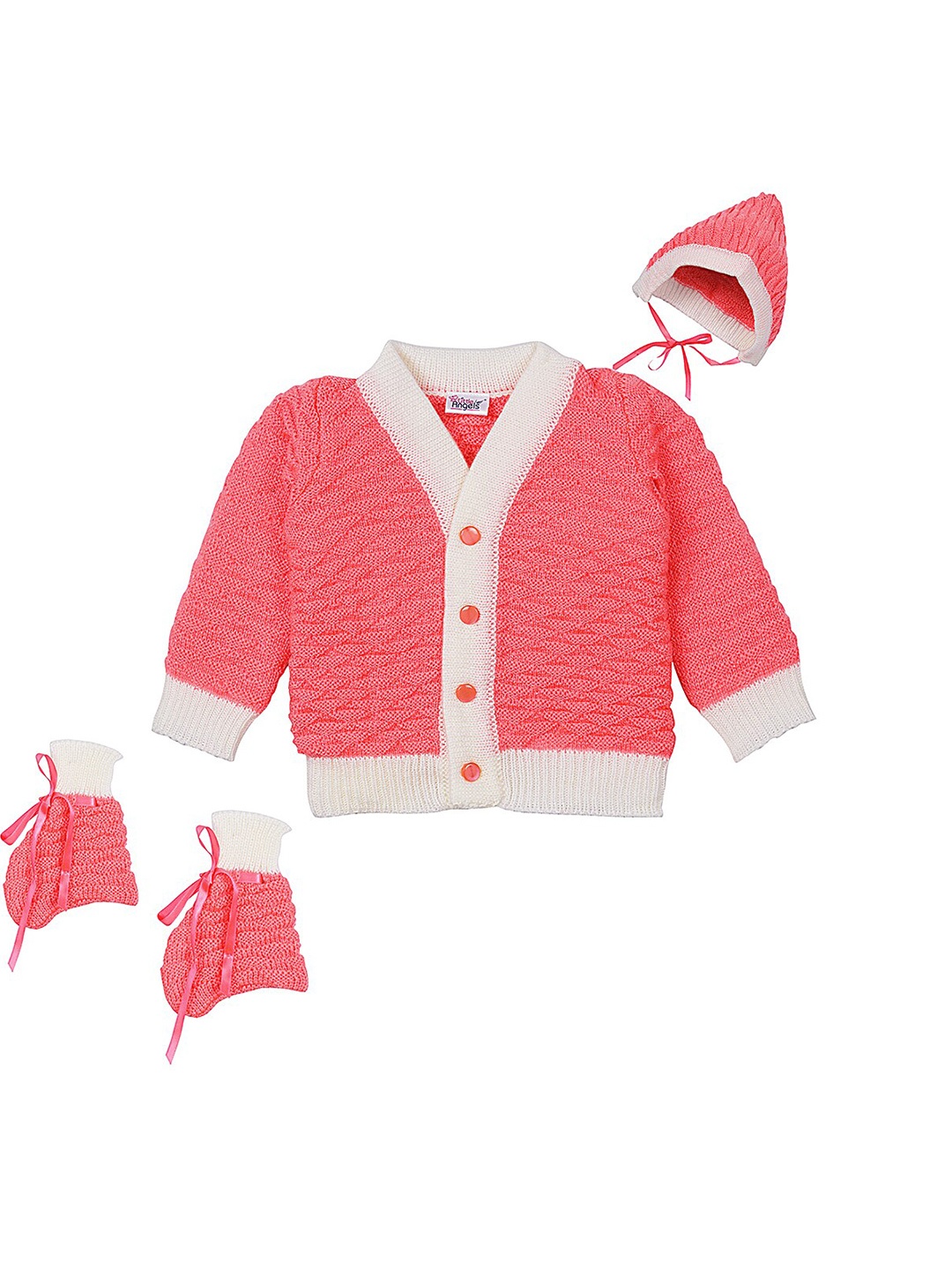 

Little Angels Girls Pink & White Cardigan with Beanie & Booties
