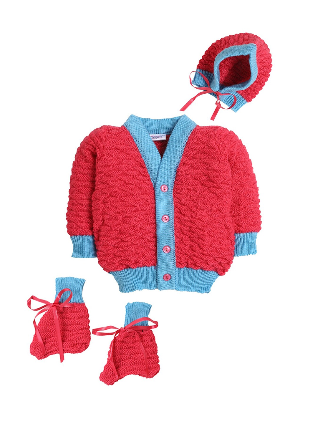 

Little Angels Unisex Kids Fuchsia & Blue Cardigan Set With Matching Cap and Pair of Socks