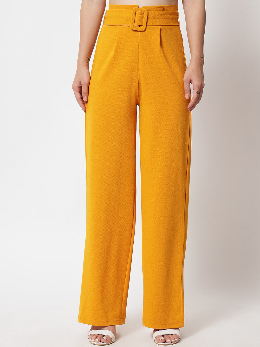 

KOTTY BIZwear Women Yellow Relaxed Straight Fit High-Rise Easy Wash Pleated Trousers