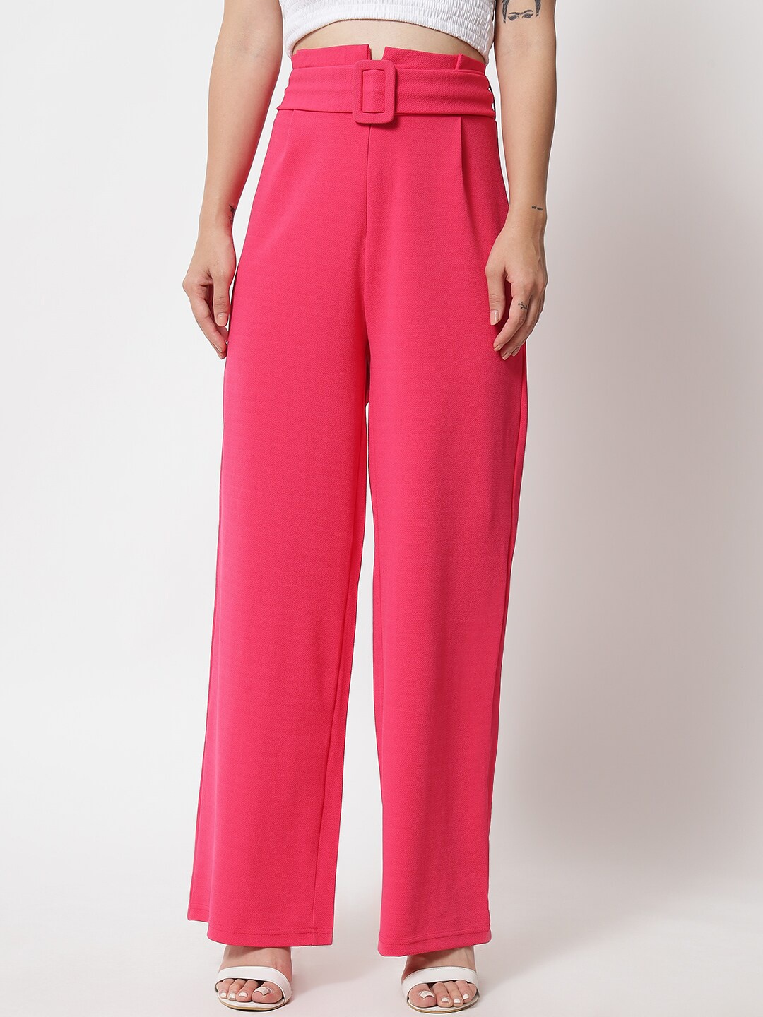 

KOTTY BIZwear Women Pink Relaxed Straight Fit High-Rise Easy Wash Trousers