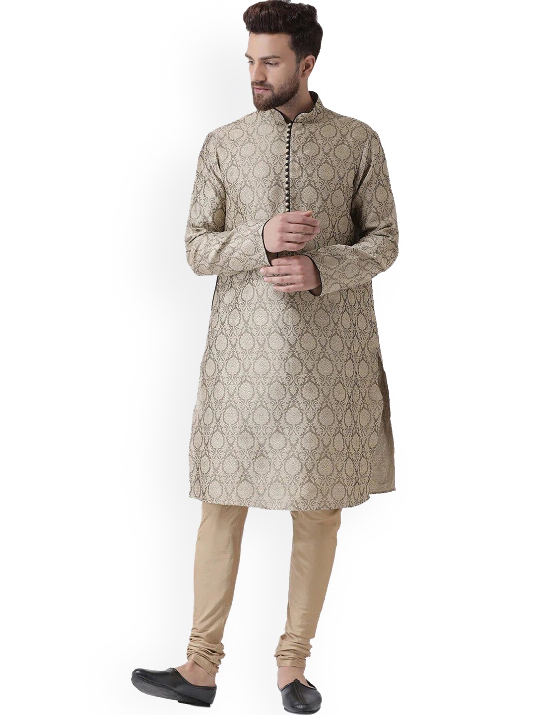 

Chitwan Mohan Men Khaki Printed Dupion Silk Kurta with Churidar