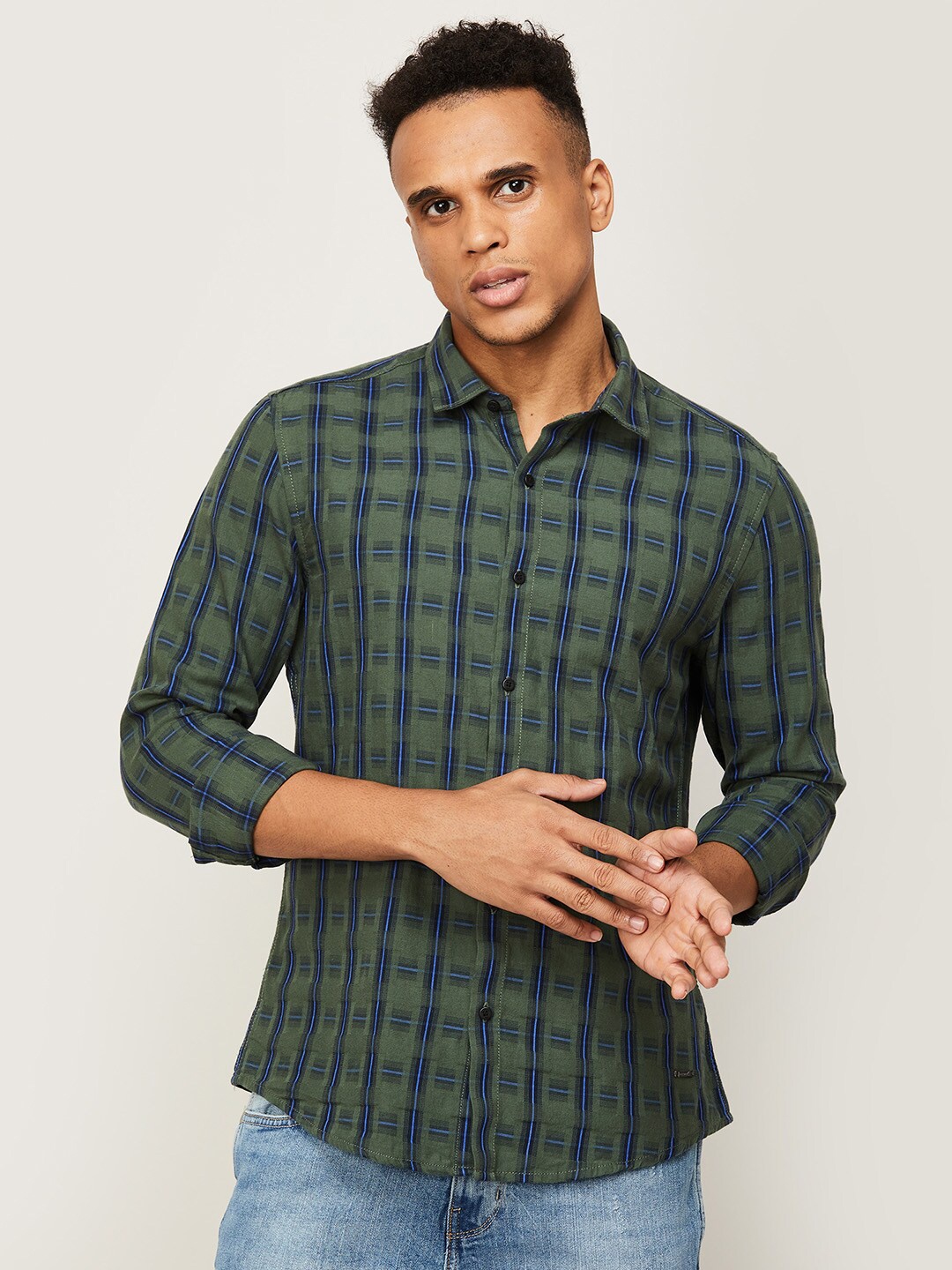 

Bossini Men Olive Green Slim Fit Tartan Checked Casual Shirt