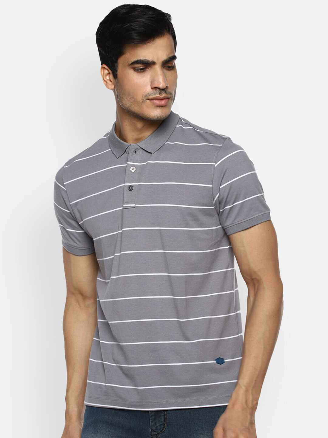 

Red Chief Men Grey Striped Polo Collar T-shirt