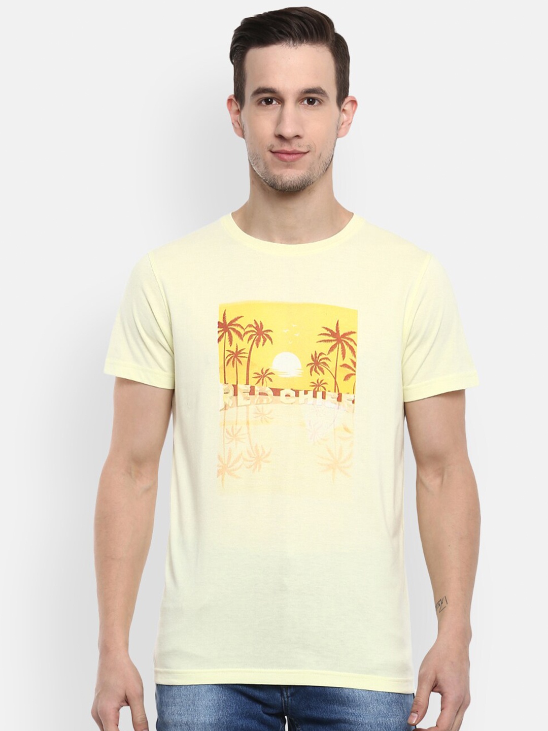 

Red Chief Men Yellow Floral Printed Cotton T-shirt