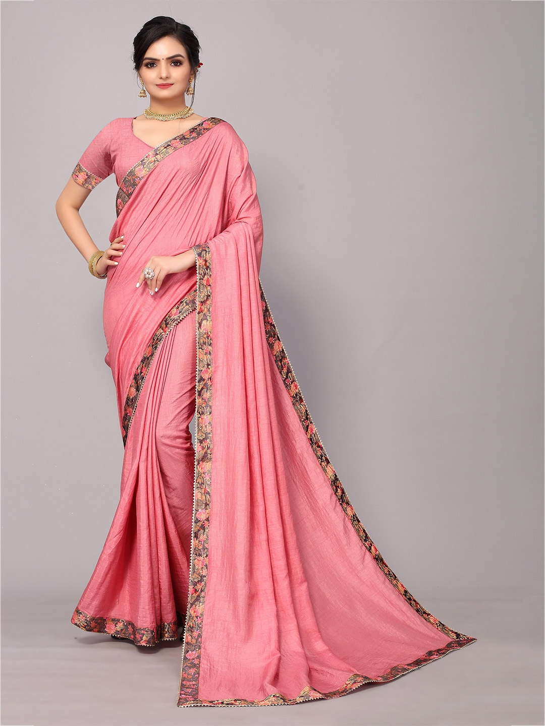 

KALINI Pink Pink Poly Silk Printed Border Saree With Matching Blouse.
