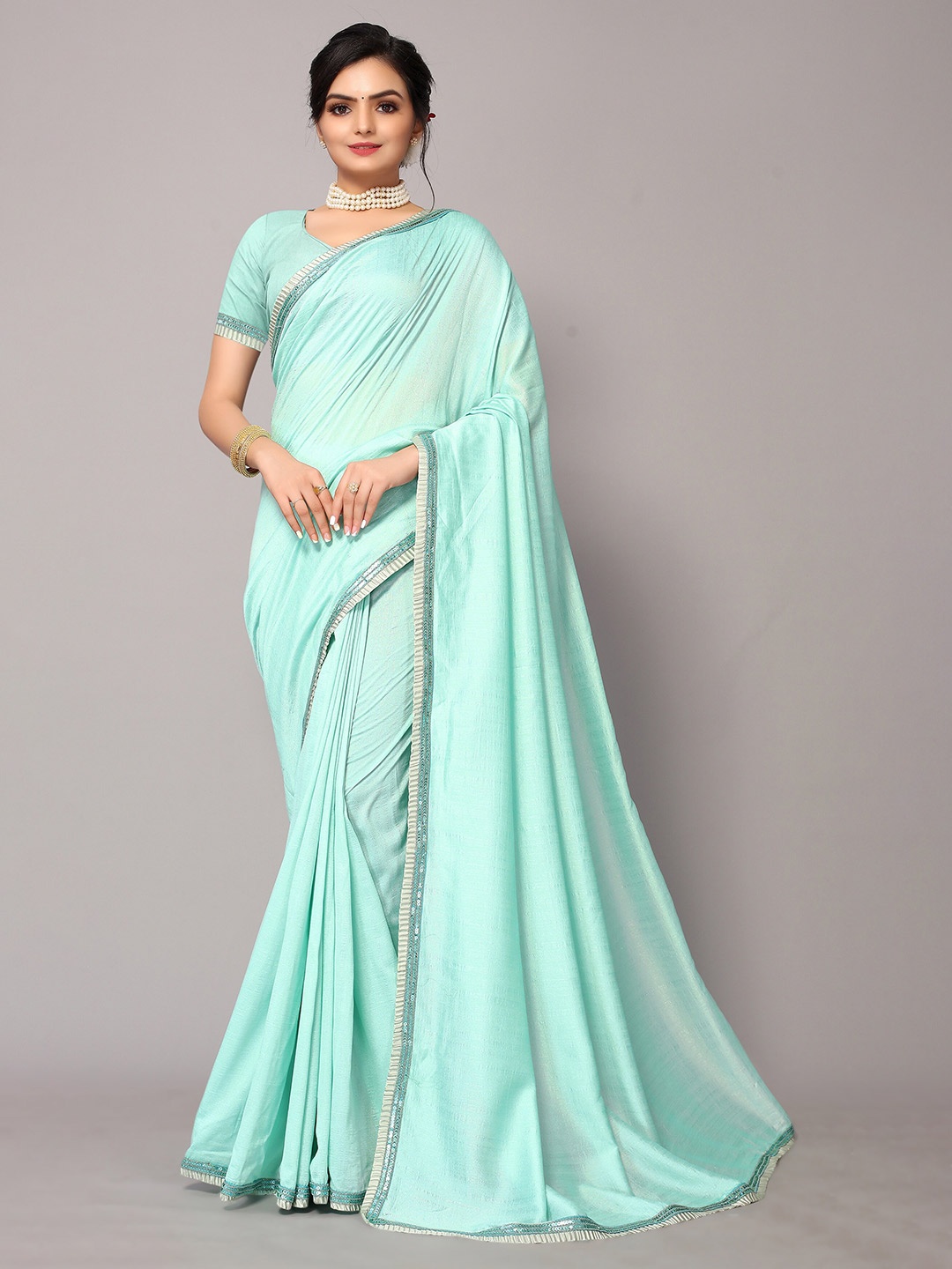 

KALINI Teal Green & Silver-Toned Sequined Border Saree