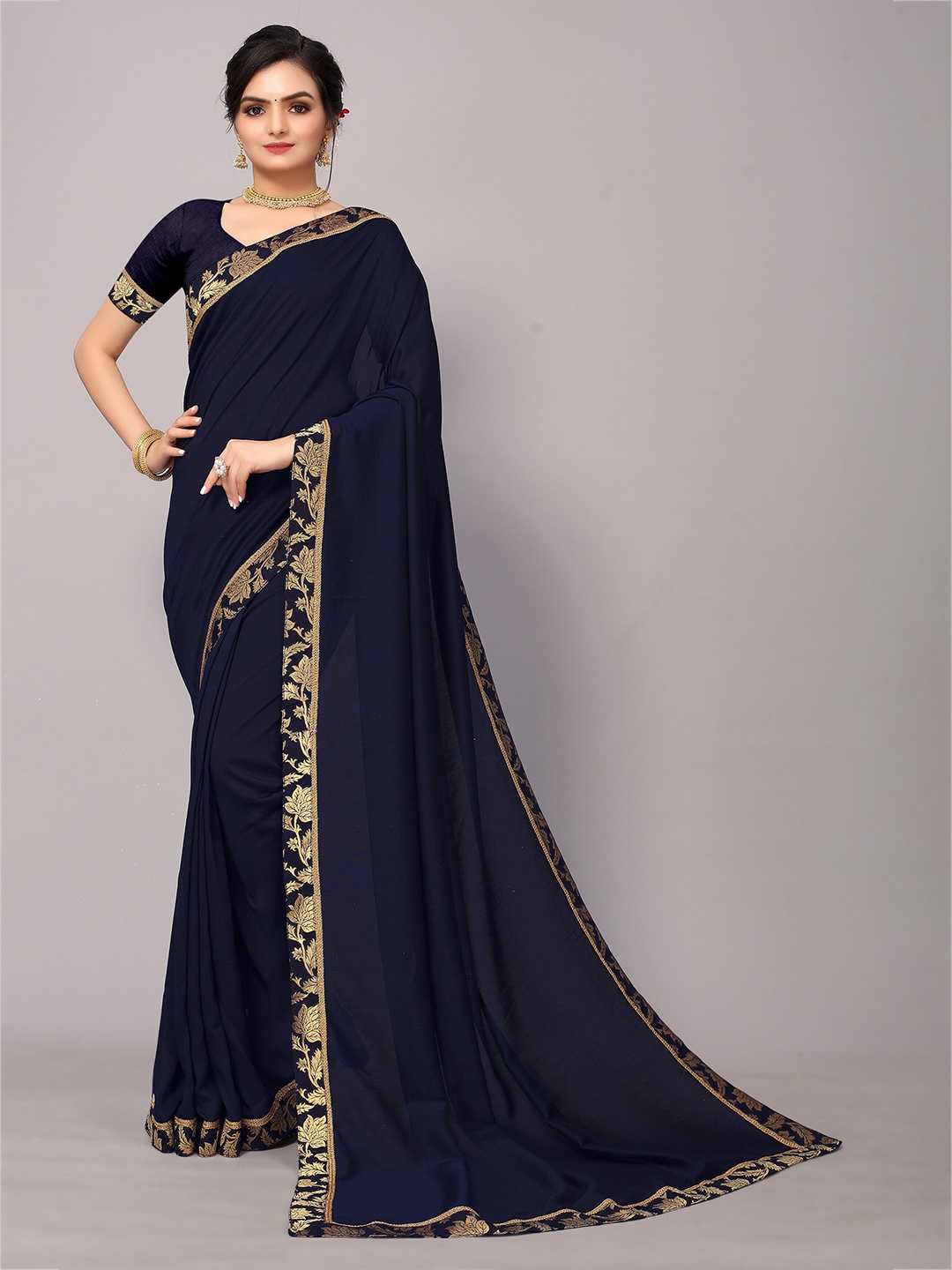 

KALINI Blue & Gold-Toned Woven Border Saree