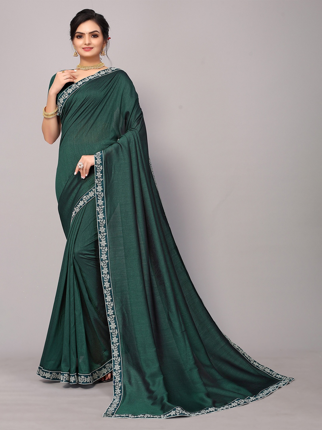 

KALINI Green & Silver-Toned Saree