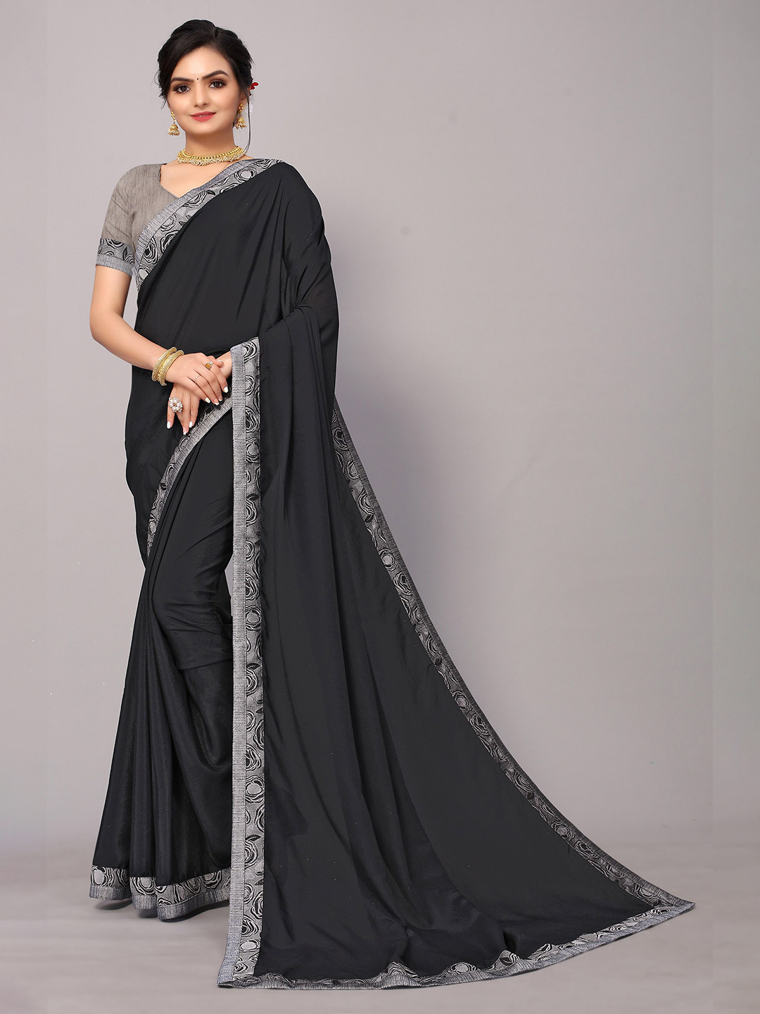 

KALINI Women Grey & Silver-Toned Saree With Matching Blouse.