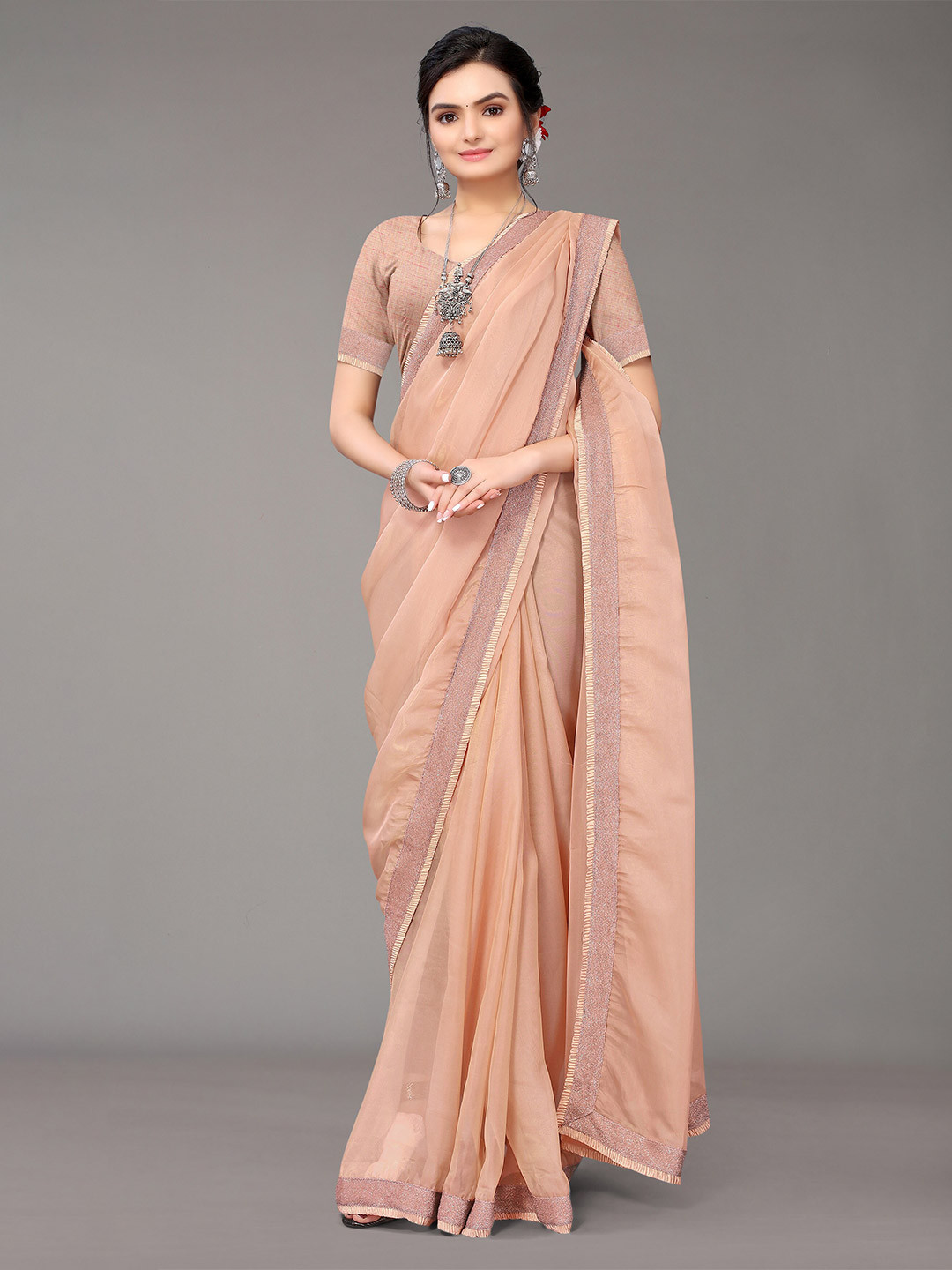 

KALINI Peach-Coloured Tissue Saree