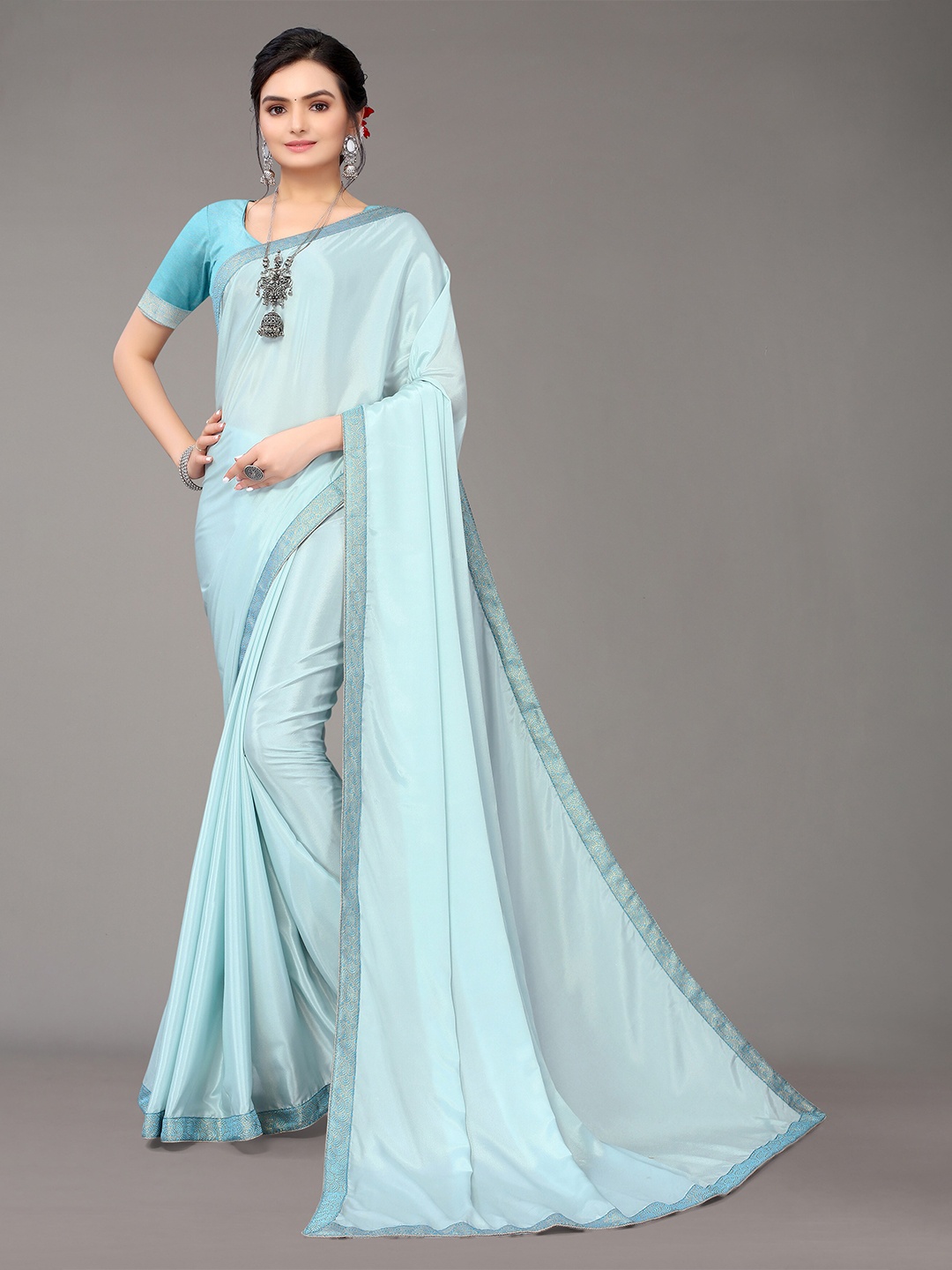 

KALINI Turquoise Blue Satin Silk Saree