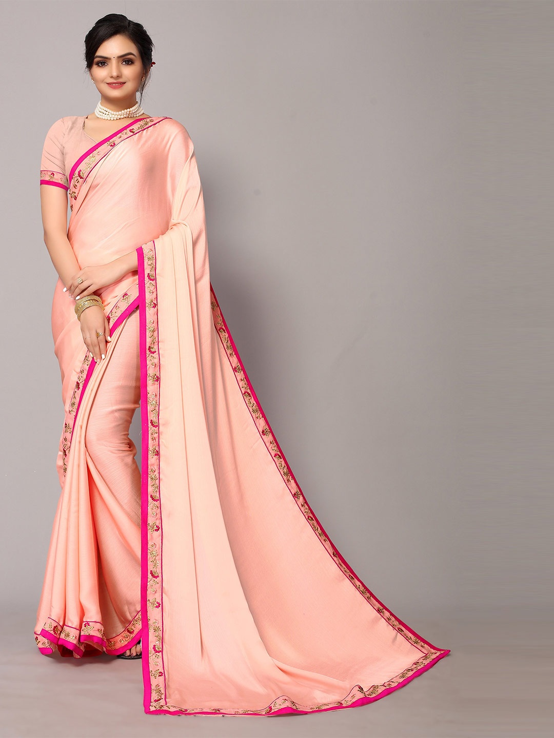

KALINI Peach Poly Silk Embroidery Border Work Saree With Blouse.