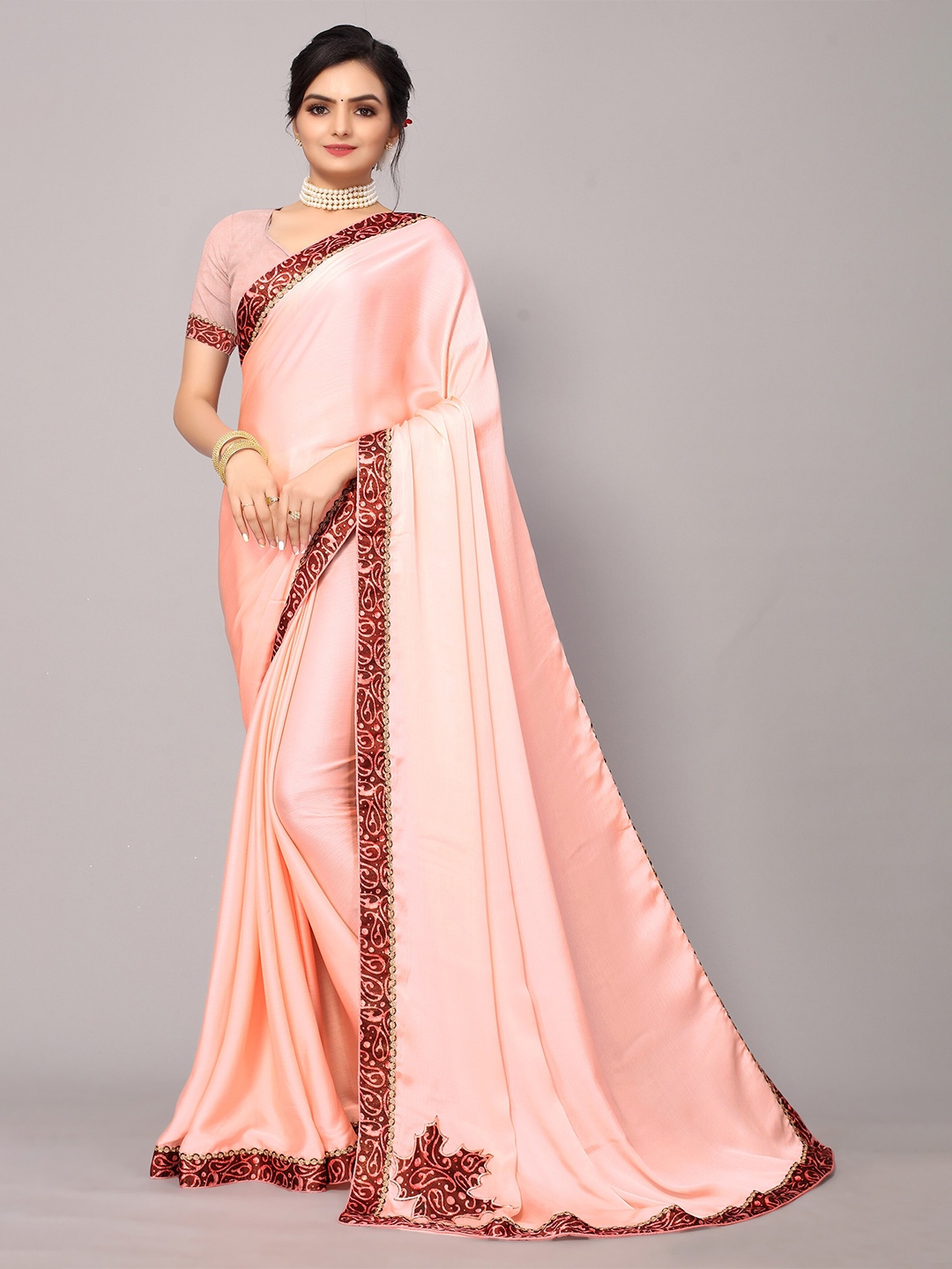 

KALINI Light Pink Chiffion Printed Border Saree With Matching Blouse, Coral