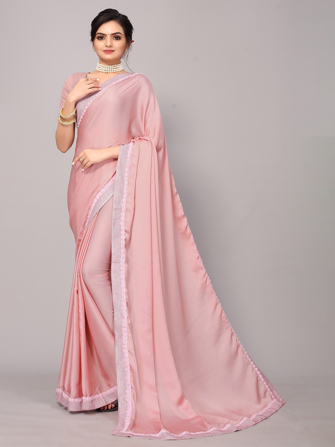 

KALINI Pink & Grey Zari Border Saree