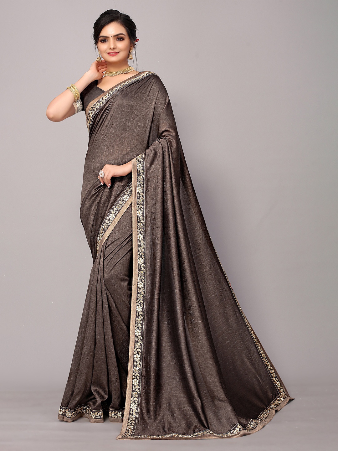 

KALINI Coffee Brown Embroidered Border Work Poly Silk Saree