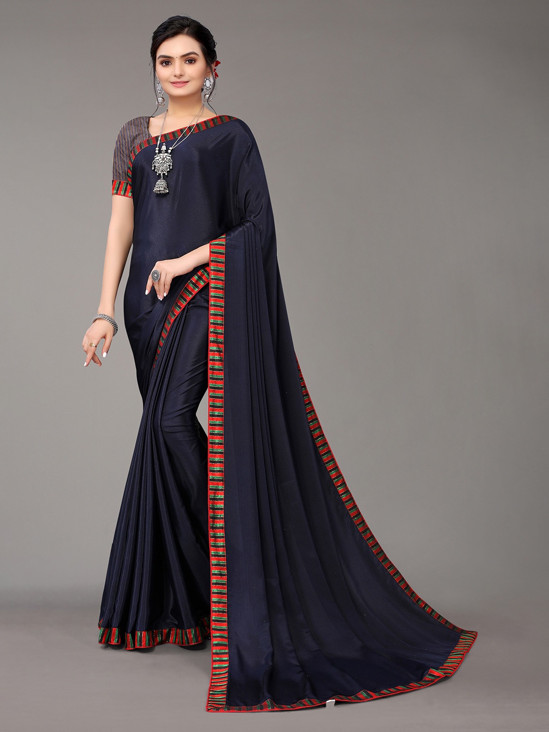 

KALINI Navy Blue & Orange Zari Satin Silk Emblished Border Work Saree With Blouse